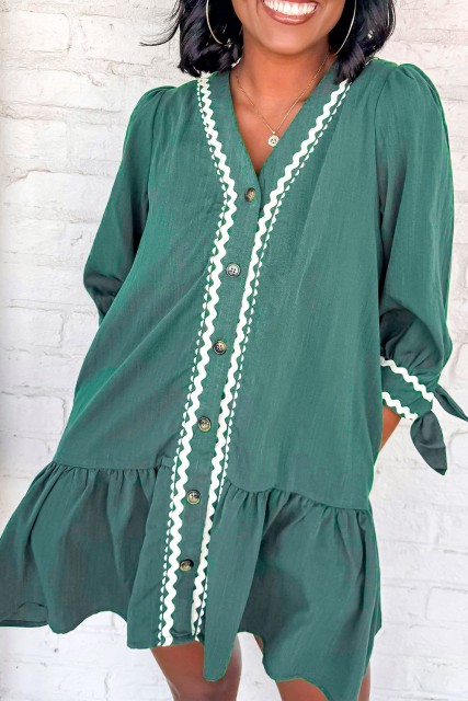 Canton Contrast Ricrac Trim Button V Neck Knotted Bracelet Sleeve Shift Dress LC6126180-P2609
