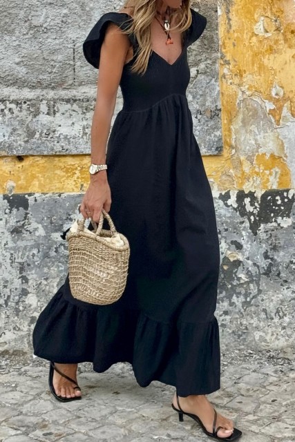 Black V Neck Flutter Sleeve Smocked Bodice High Waist Ruffle Maxi Dress LC6123564-P2