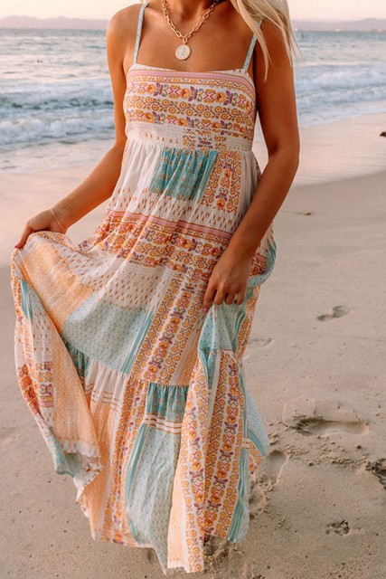 Multicolor Boho Patchwork Print Square Neck Sundress LC6114793-22