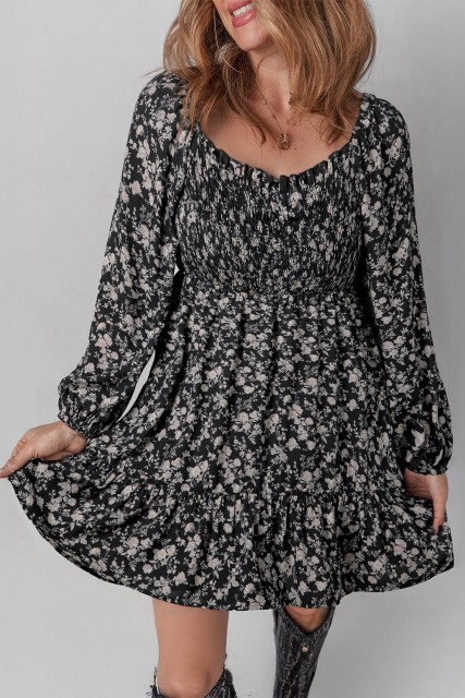 Black Floral Long Sleeve Frilly Shirred Square Neck Mini Dress LC6126036-P220