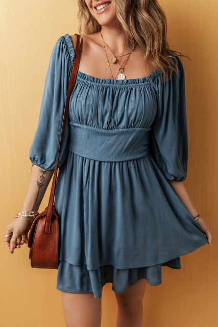 Real Teal Frilled Neckline 3/4 Sleeve Layered Ruched Mini Dress LC6122664-P705