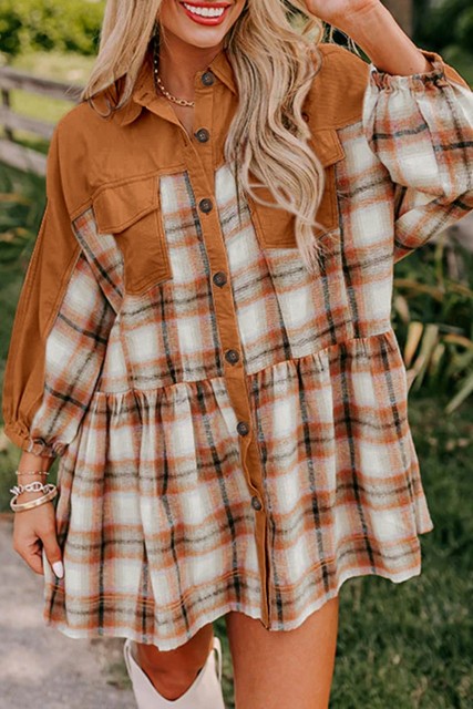 Khaki Plaid Color Block Patchwork Ruffle Hem Tunic Shirt Dress LC6126135-P1622