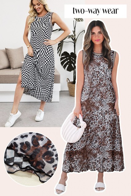 Multicolour Leopard Checkered Double Printed Reversible Sleeveless Long Dress LC6124310-P22