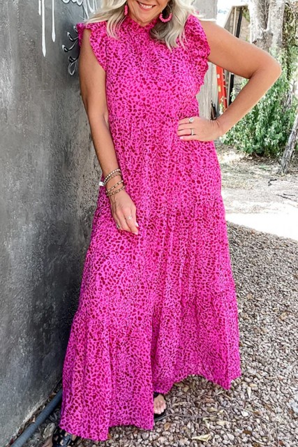 Rose Red Leopard Print Ruffled Trim Tiered Maxi Dress LC6118877-P6