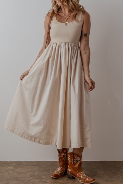 Beige Scoop Neck Ribbed Bodice Pleated Sleeveless Long Dress LC6122714-P15