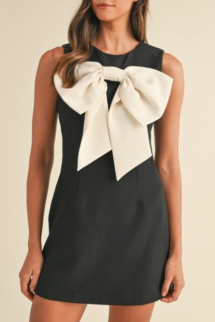 Black Contrast Bowknot Applique Crew Neck Sleeveless Mini Dress LC6122901-P202