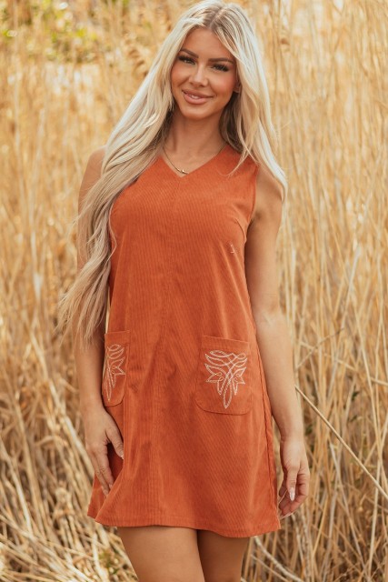 Gold Flame Corduroy Western Embroidered Patched Pocket Shift Sleeveless Mini Dress LC6125690-P5014