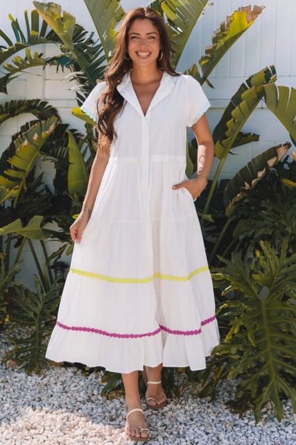 White Colorblock Rickrack Trim Short Sleeve Drawstring Waist Long Dress LC6120392-P1