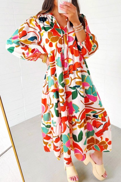 Orange Floral Print Split V Neck Tiered Maxi Dress LC6121578-P1422